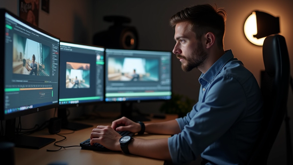 Créateur travaillant sur plusieurs vidéos en même temps, bureau avec écrans multiples et timeline d'édition