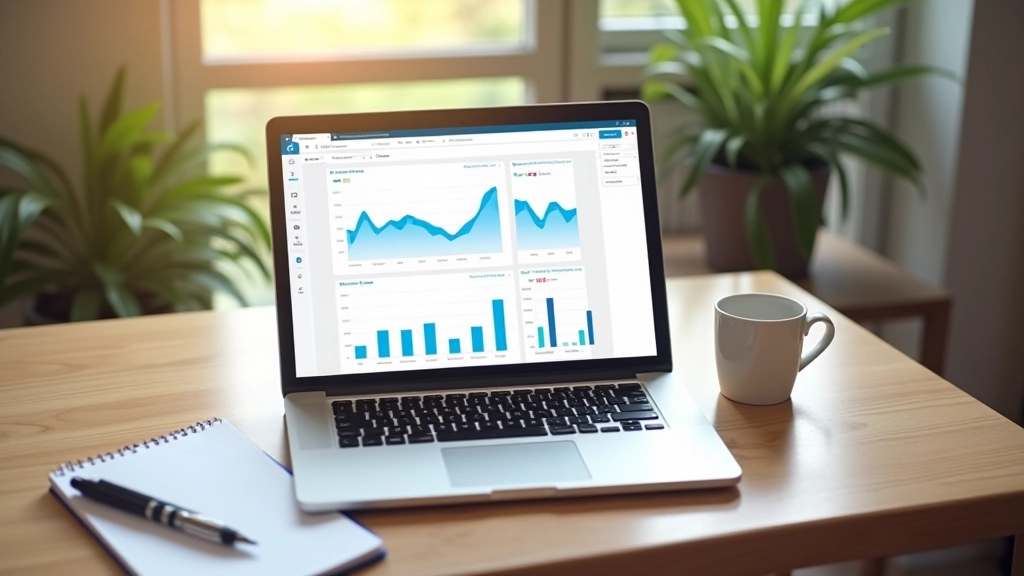 Ordinateur portable ouvert sur un bureau avec graphiques de revenus et café à côté