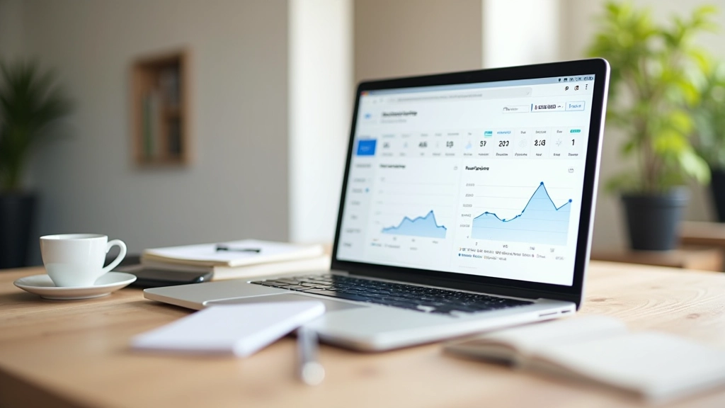 Écran d'ordinateur affichant des graphiques de revenus automatisés et une tasse de café